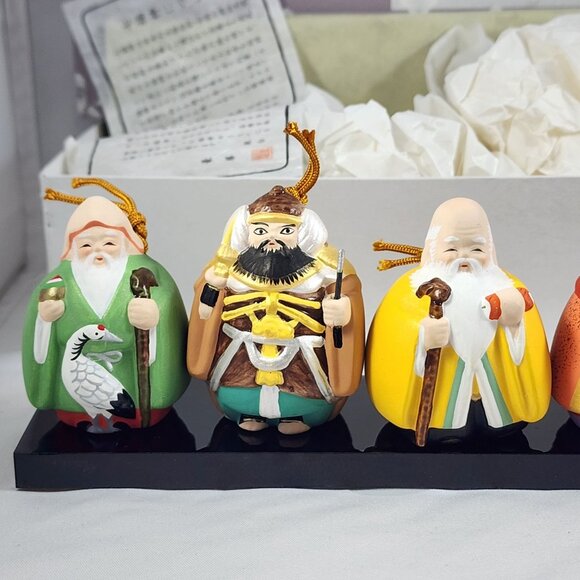 Rare Kyugetsu Seven Lucky Gods Bell Figurines Boxed Set Japanese Shichifukujin - Picture 2 of 10